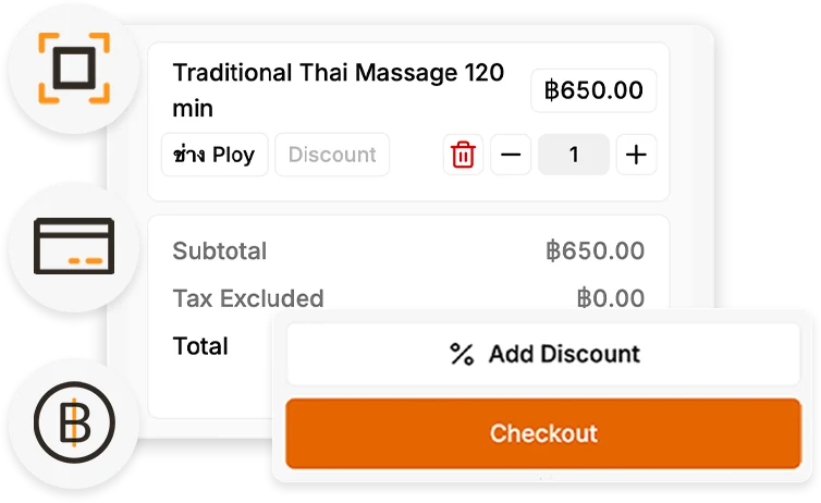 หน้าจอคิดเงินของ SalonX แสดงรายการบริการ ช่างที่ทำ ส่วนลด ยอดรวม และปุ่มปิดการขาย