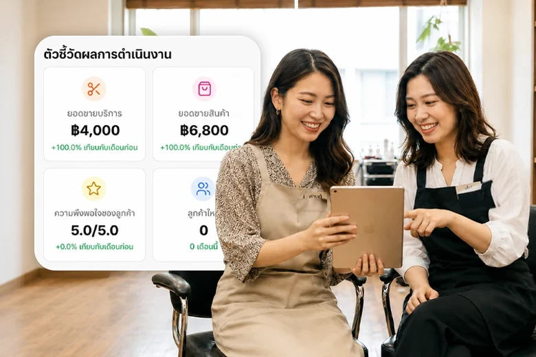 เจ้าของร้านและช่างดูตัวชี้วัดผลการทำงานของทีมใน SalonX ด้วยกันบนแท็บเล็ต